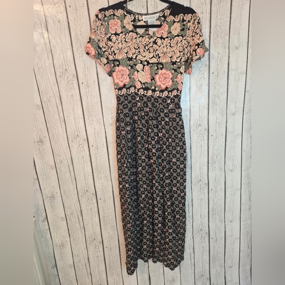 Vintage Studio C 90s Maxi Dress Womens Medium Black Floral Print